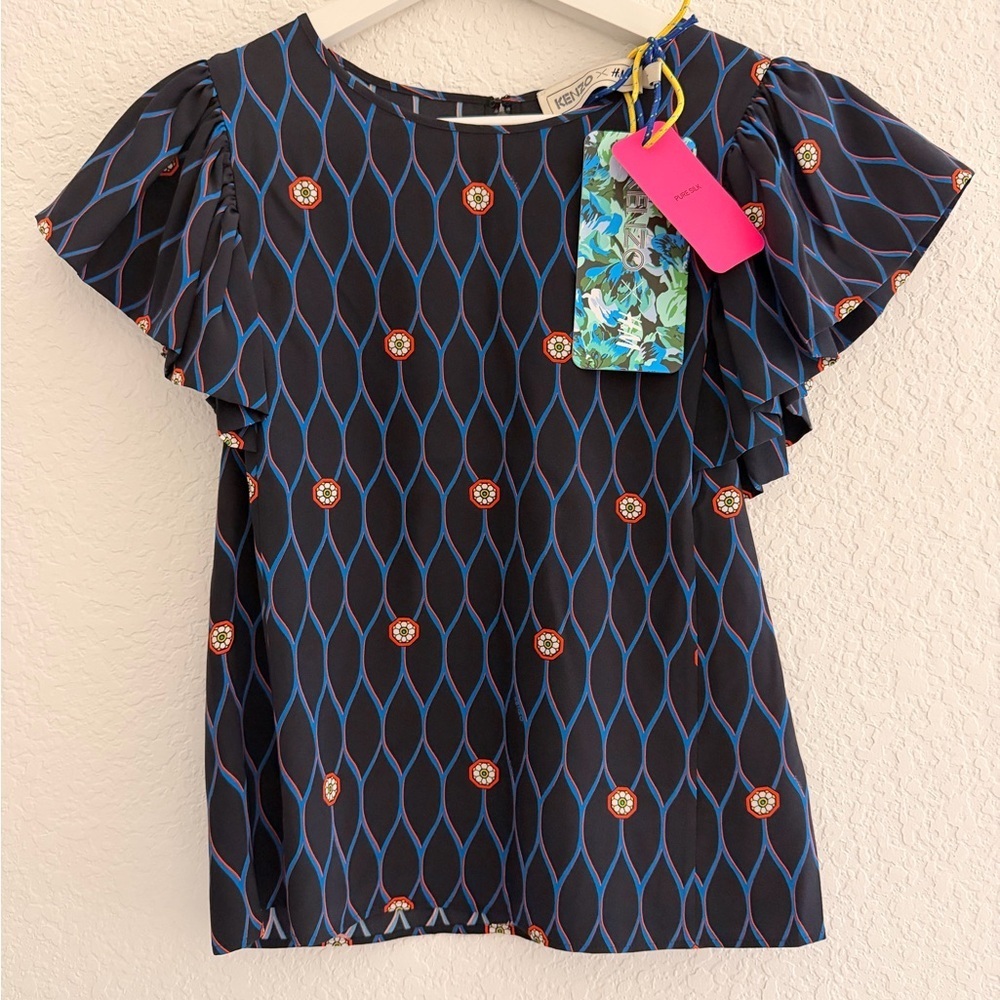 ✨ KENZO x H&M 100% Silk Printed Flutter Sleeve Blouse – NWT ✨